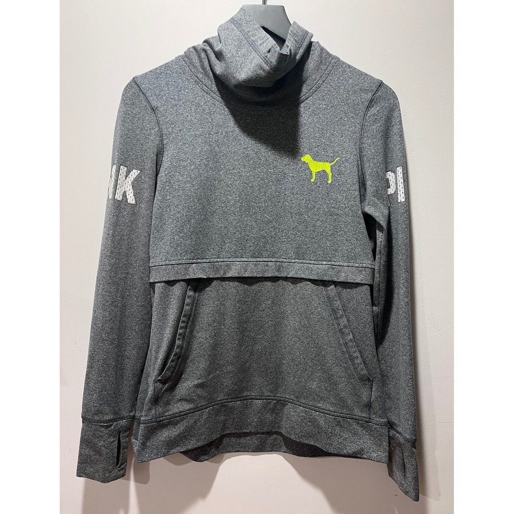 PINK Victoria's Secret Gray Ultimate Cowl Neck Hoodie Thumbholes Dog Logo‎